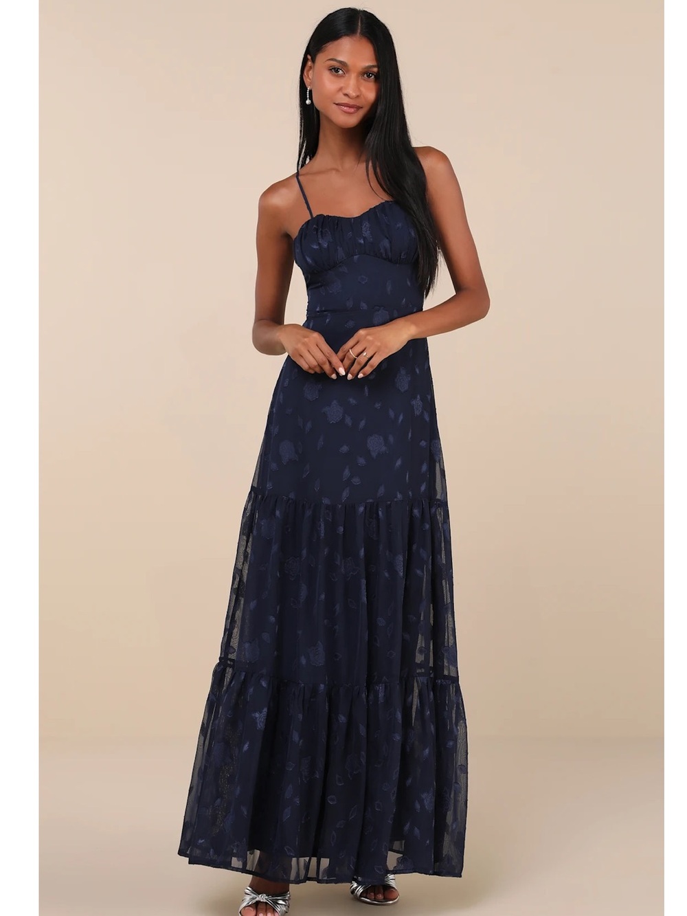 Lulus Poised Grace Navy Blue Burnout Floral Bustier Tiered Maxi Dress Large NWT